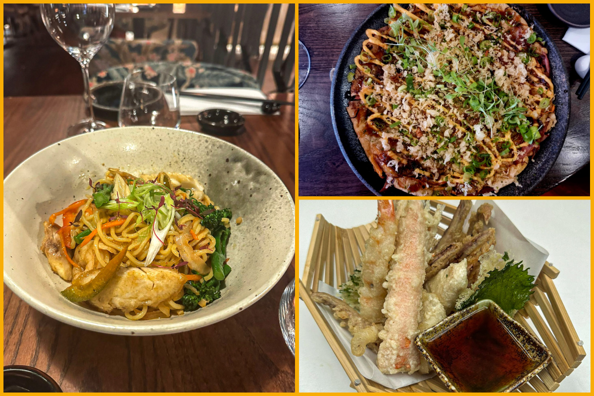 Collage of images of Abura soba “oiled noodles”, Monjayaki, Seafood tempura